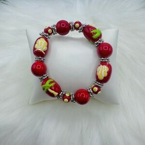 Large Beads Palm Trees & Shells Design Beaded  Bracelet in Red